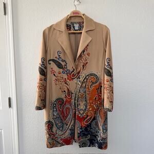 Chico's 2 Topper Coat Paisley Print Faux Suede LS Outerwear Rattan Women's Large